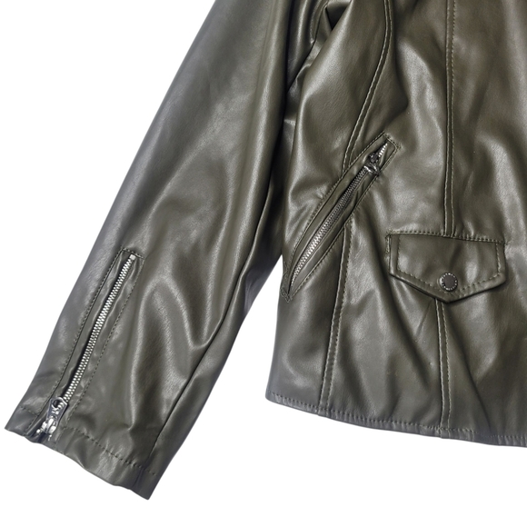 French Connection Moto Green Faux Leather Jacket LARGE - Picture 3 of 6